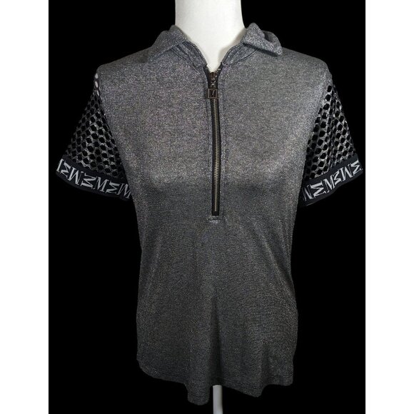 Motherputter Metallic Black And Silver Mesh Sleeve Golf Shirt - Picture 1 of 9